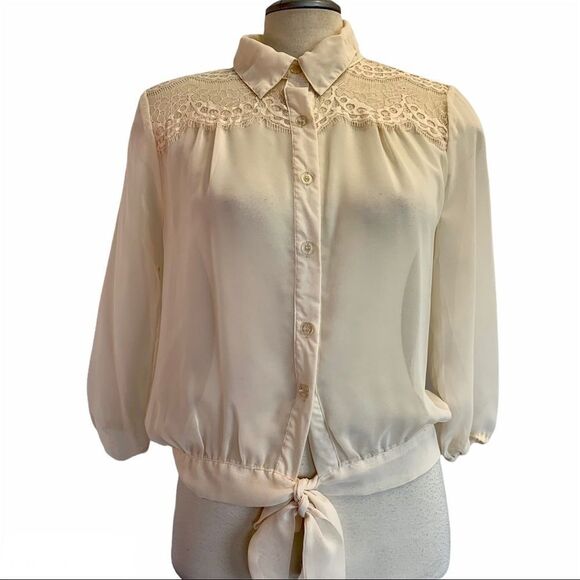 Cream chiffon lace button down Front tie blouse L - Picture 1 of 5